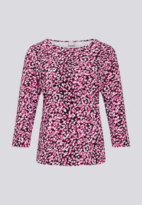Multicolored top with three-quarter sleeves, featuring a pink, white, and black abstract pattern on a soft fabric with a round neckline.