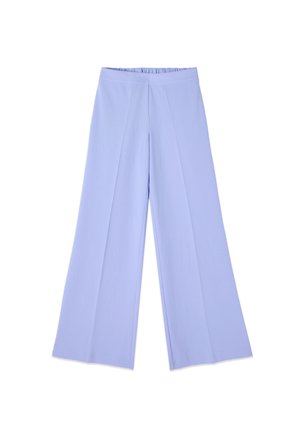 Pantaloni larghi color lilla chiaro con vita elastica e pieghe frontali, distesi su uno sfondo bianco.