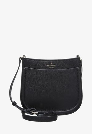 Sac bandoulière Kate Spade en cuir noir texturé avec poche avant et sangle réglable, logo doré embossé sur le devant.