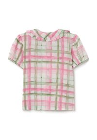 Camicetta a maniche corte in tessuto leggero, con colletto arricciato. I colori includono rosa, verde e bianco con un motivo a quadri.