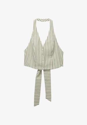 Raidallinen hihaton paita vaaleanvihreänä ja valkoisena, jossa on V-pääntie, etupainikkeet ja solmukohta vyötäröllä. Valmistettu kevyestä kankaasta.