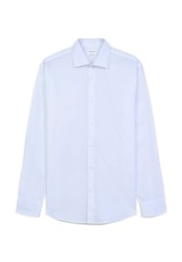 Chemise blanche à manches longues avec coupe regular, col classique, devant à boutons et poignets boutonnés, présentée sur fond blanc.