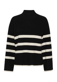 Czarny i kremowy sweter w paski z wysokim kołnierzem, długimi rękawami oraz ściągaczami na mankietach i dole. Charakteryzuje się szerokimi, poziomymi paskami.