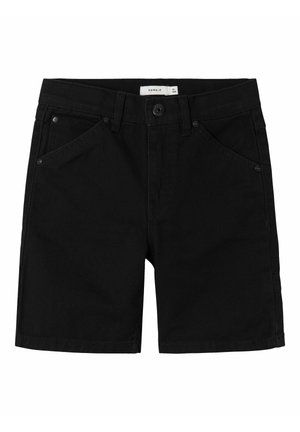 Shorts en coton noir avec une coupe décontractée, dotés de poches avant, d'une fermeture à bouton, de passants de ceinture et d'une texture lisse.