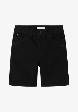 Shorts en coton noir avec une coupe décontractée, dotés de poches avant, d'une fermeture à bouton, de passants de ceinture et d'une texture lisse.