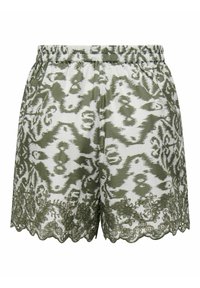 Pantaloni corti verdi e bianchi con motivo a fantasia, dotati di cintura elastica, presentano un bordo in pizzo nella parte inferiore e dettagli ricamati floreali.