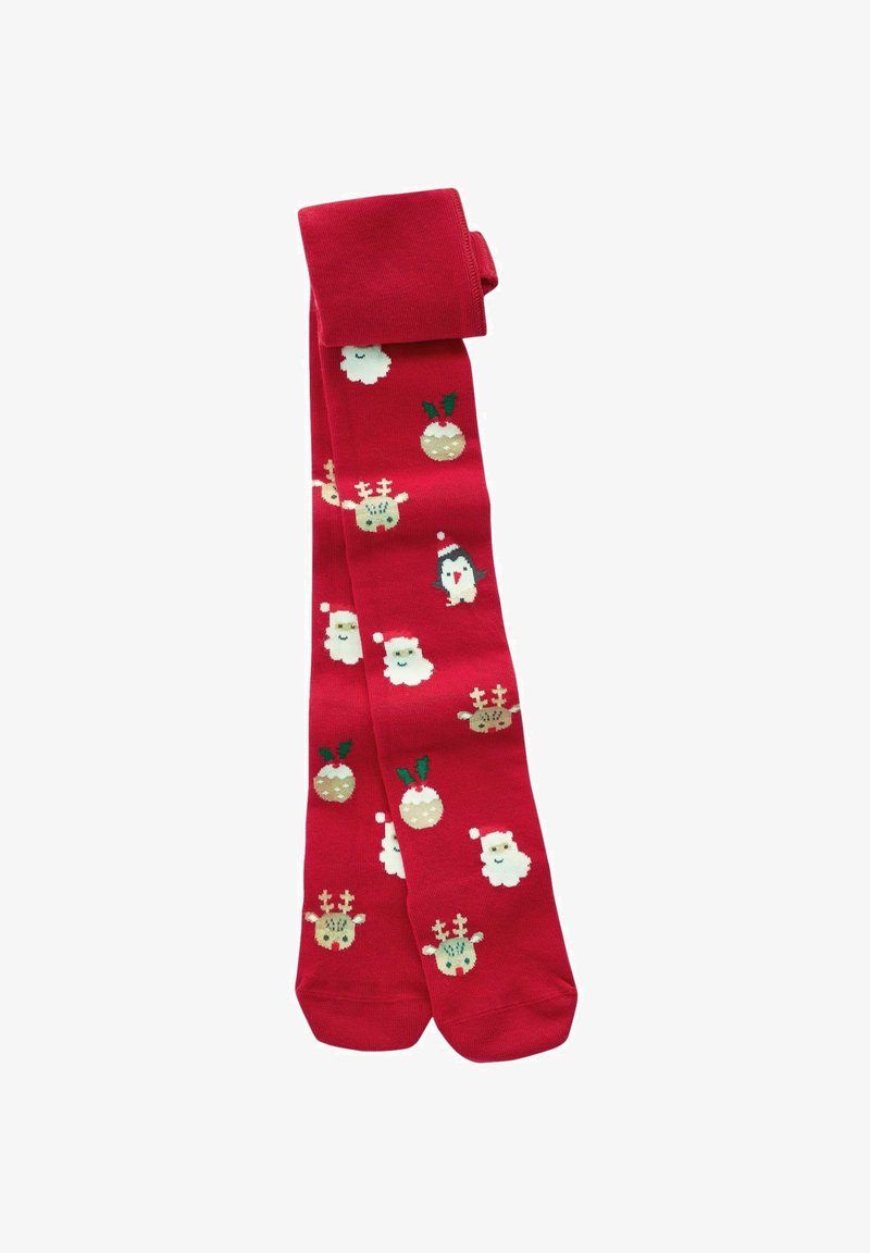 Punaiset legginssit, joissa on talvisia teemoja, kuten joulupukki, porot, lumimiehet ja holly, valmistettu pehmeästä, joustavasta materiaalista.