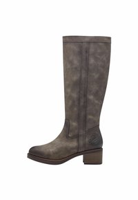 Botine gri din piele sintetică, până la genunchi, cu un finisaj ușor texturat, toc înălțat și detalii de cusătură subtile pe laterale.