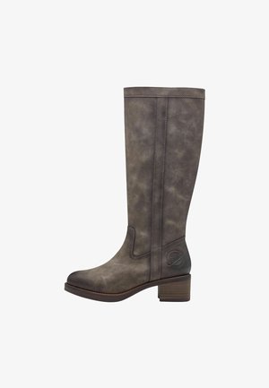 Knee-high hallgray sünteetilisest nahast saapad, millel on veidi tekstureeritud viimistlus, paksenenud konts ja peened õmbluse detailid külgedel.