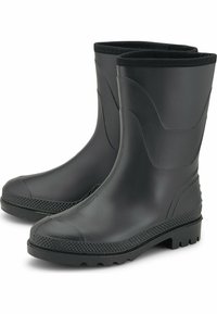 Zwarte rubberen regenlaarzen met een glad oppervlak, afgeronde neus en een gestructureerde zool voor grip. Halverwege de kuit met een flexibele kraag.