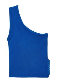 Haut bleu en tricot à une épaule avec un col côtelé et une texture. Présente une série de perles rondes bleues accentuant le côté.