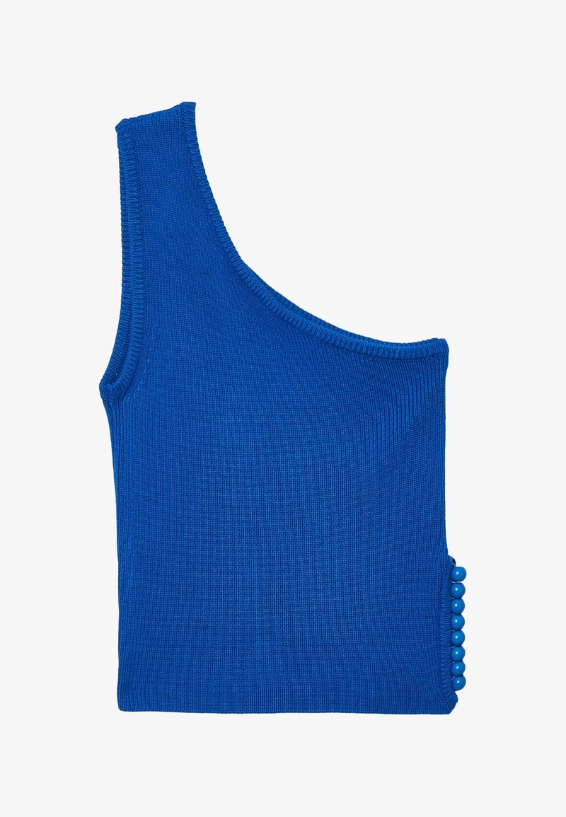 Haut bleu en tricot à une épaule avec un col côtelé et une texture. Présente une série de perles rondes bleues accentuant le côté.