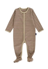 Gestreifter Overall in Braun und Beige, aus weichem Stoff gefertigt. Verfügt über lange Ärmel, einen runden Halsausschnitt, Druckknöpfe auf der Vorderseite und ein Fußdesign.