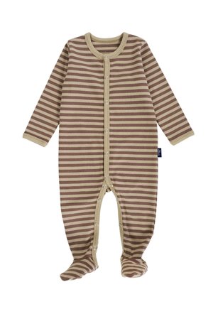 Gestreifter Overall in Braun und Beige, aus weichem Stoff gefertigt. Verfügt über lange Ärmel, einen runden Halsausschnitt, Druckknöpfe auf der Vorderseite und ein Fußdesign.
