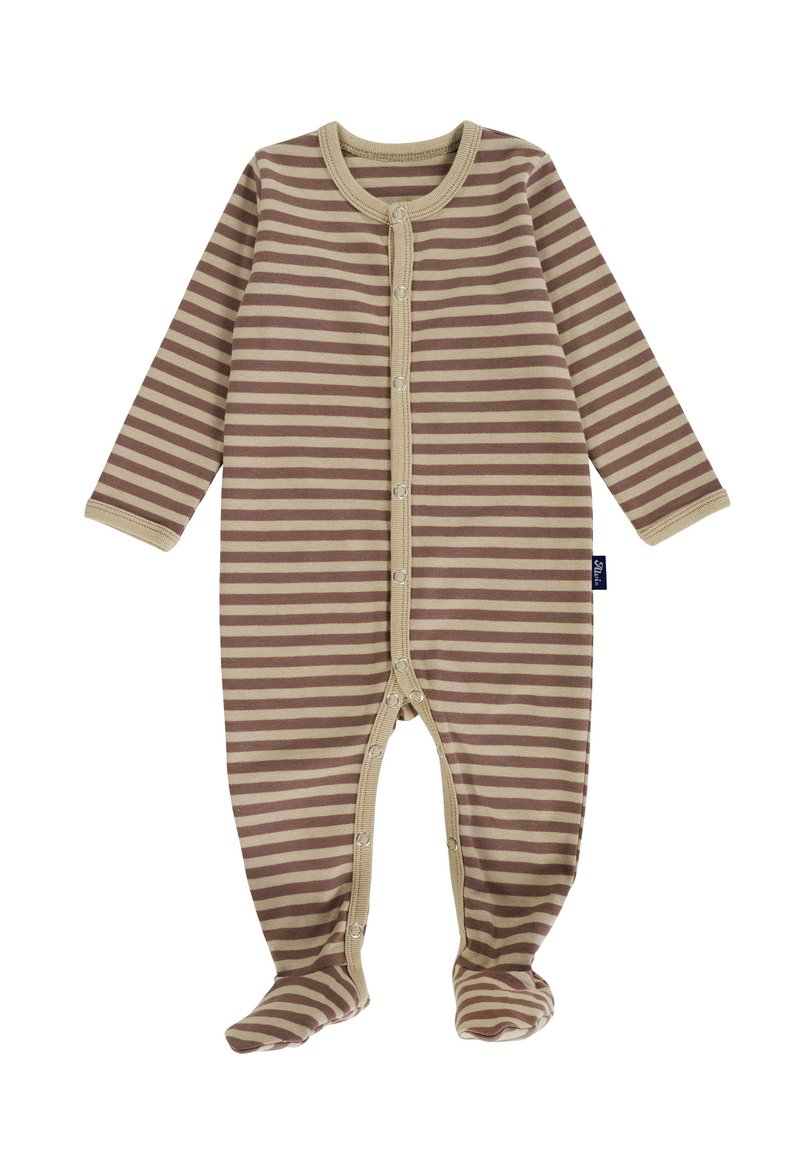 Gestreifter Overall in Braun und Beige, aus weichem Stoff gefertigt. Verfügt über lange Ärmel, einen runden Halsausschnitt, Druckknöpfe auf der Vorderseite und ein Fußdesign.
