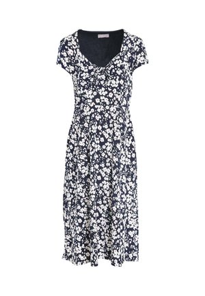 Sukienka w kwiaty z lekkiego materiału. Ciemnoniebieskie tło z białymi i różowymi kwiatami. Dekolt w kształcie litery V, krótkie rękawy i rozkloszowany dół.