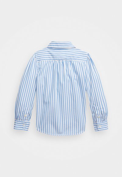 Gestreiftes Button-Up-Hemd in Hellblau und Weiß, mit langen Ärmeln, klassischem Kragen und einem gerafften Rückendetail.