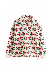 Pulover iz flisa z zadrgo, okrašen z rdečimi češnjami z cofki in zelenimi listi na kremni podlagi. Vključuje ovratnik in elastične manšete.