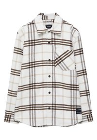 Camicia a maniche lunghe con colletto, in fantasia quadrettata bianca, marrone e beige; realizzata in tessuto morbido con taschino sul petto e bottoni neri. Maniche arrotolate.