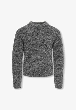 Sivi pleteni pulover s dugim rukavima, visokom ovratniku i teksturiranom, puhastom završnom obradom. Nema vidljivih kopčanja ili uzoraka.