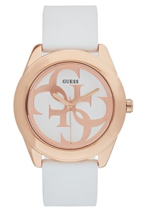 Ronde horlogekast in roségoud met groot, in elkaar grijpende GS-logo op een witte wijzerplaat, witte band en roségouden uur-, minuut- en secondewijzers.