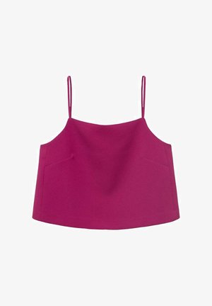 Fuchsia linne med tunna justerbara axelremmar, med en avslappnad passform och två sidofickor. Slät textur. Inga stängningar.