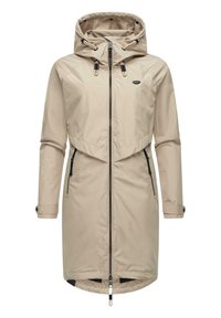 Manteau imperméable beige avec capuche, fermeture éclair avant intégrale, réglages avec cordon, et deux poches latérales avec fermetures éclair. Tissu lisse et léger.