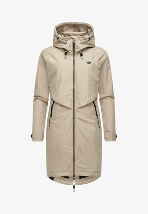 Beige waterproof coat with a hood, full zipper front, adjustable toggles, and two side pockets with zip closures. Smooth, lightweight fabric.