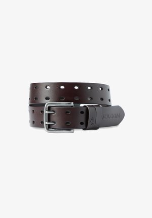 Brown leather belt featuring multiple holes, a silver metal buckle, and a logo-embossed strap. Smooth texture with a casual design.