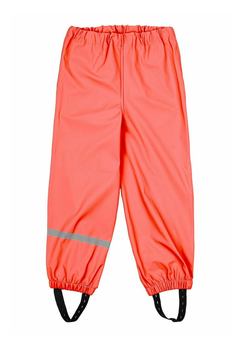 Lysorange vandtætte bukser med elastisk talje, reflekterende sølvstribe og justerbare sorte seler. Glat, holdbart materiale.