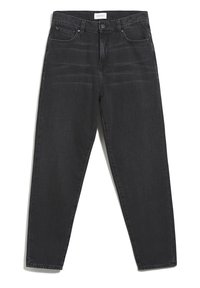 Jean en denim noir taille haute avec bouton et fermeture éclair devant, cinq poches et jambes légèrement fuselées, posé à plat sur fond blanc.
