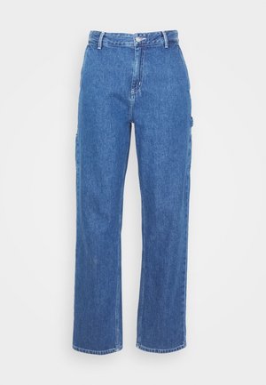 Blue denim high-waisted pants with a straight leg design, featuring a front button closure and side pockets. Smooth texture and no visible patterns.