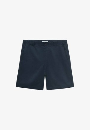 Tamno plave šortse izrađene od laganog materijala s elastičnom trakom, kopčanjem na dugme i bočnim džepovima, s glatkom, jednostavnom teksturom.