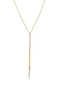 Gouden ketting met een gedraaide schakeldesign, waaraan in het midden twee verlengde, cilindervormige hangers hangen.