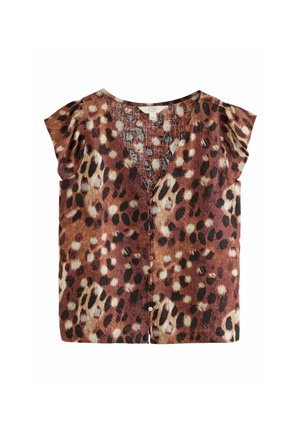 Blouse à manches courtes avec col en V et boutons, motif léopard marron, noir et beige, en tissu léger en lin.