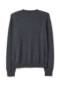 Pull en maille gris foncé avec un col rond, des manches longues et une texture lisse. Présente des poignets et un ourlet côtelés, affichant un minimum de détails.