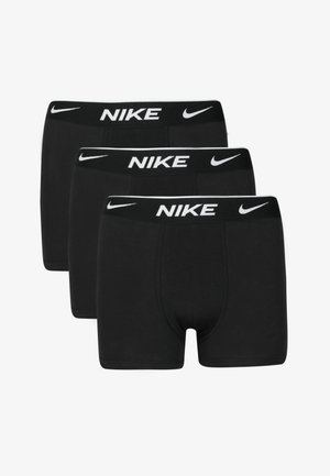 Três pares de boxers pretos com um logo branco da Nike na faixa elástica, apresentando um tecido suave e elástico e um design ajustado.
