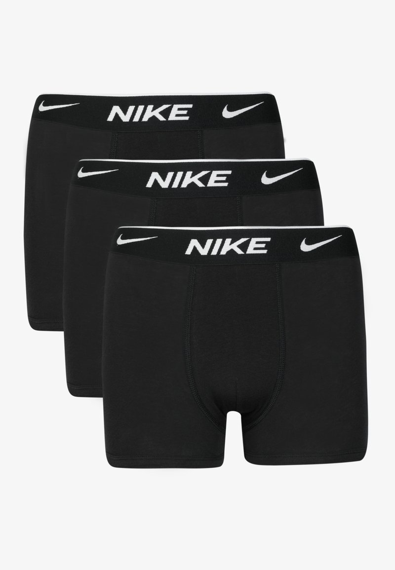 Three pairs of black boxer briefs with a white Nike logo on the elastic waistband, featuring a smooth, stretchy fabric and a form-fitting design.