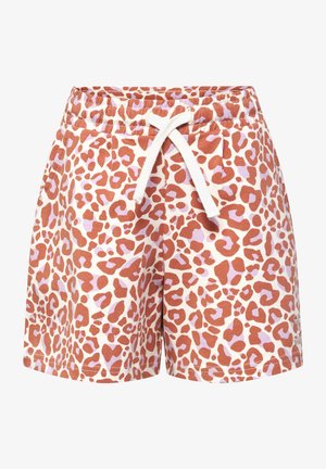 Leopardskramsshorts i rost och ljuslavendelfärger, tillverkade av mjukt tyg med resårmidja och en vit dragsko.