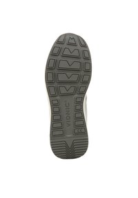 Grijze rubberen loopzool met een gemodelleerd patroon, met diepe groeven en V-vormige accenten voor verbeterde grip en tractie. Gepersonaliseerd met "VIONIC."