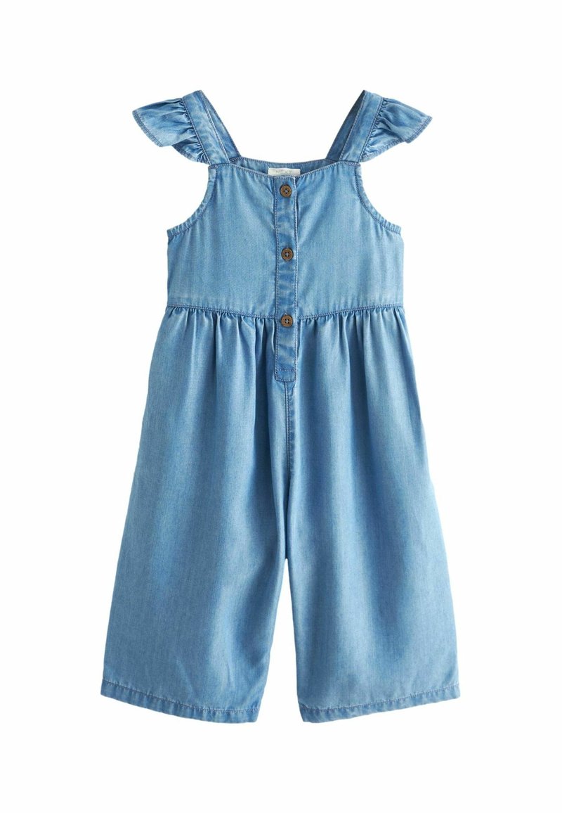 Denim jumpsuit i lyseblå, med rynkede skulderstropper, frontknapper og et samlet talje, samt brede, cropped ben.