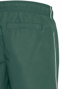 Pantaloni shorts sportivi verdi con una cintura elastica, dotati di una singola tasca posteriore e strisce bianche lungo le cuciture. Texture liscia.