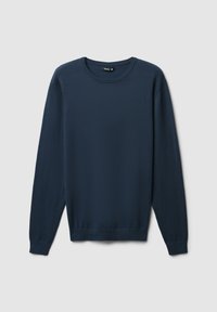 Maglione a maniche lunghe di colore blu navy realizzato in morbido materiale knit. Presenta un collo rotondo e polsini a costine, con una vestibilità comoda e senza motivi visibili.