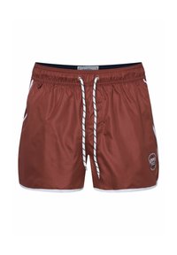 Brązowe kąpielówki wykonane z gładkiego materiału, z białym sznurkiem, kontrastującymi białymi paskami po bokach oraz z nadrukowanym logo.