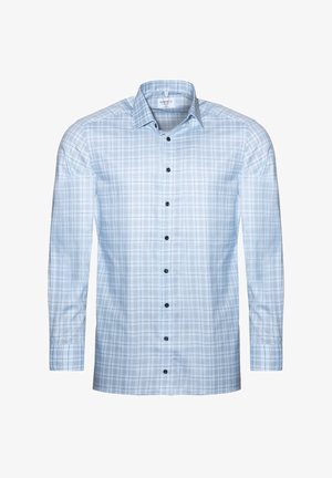 Blau-weiß karierter Hemd mit Knöpfen, lange Ärmel, Baumwollstoff, schwarze Knöpfe und klassischer Kragen.