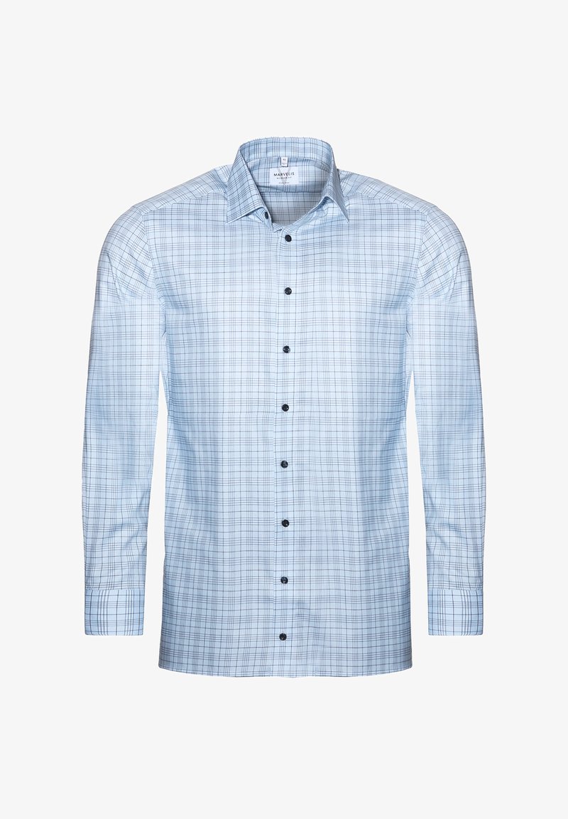 Blau-weiß karierter Hemd mit Knöpfen, lange Ärmel, Baumwollstoff, schwarze Knöpfe und klassischer Kragen.