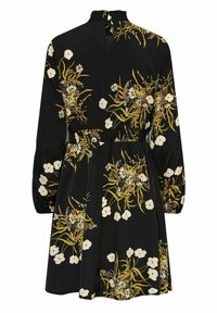 Vestito nero con motivo floreale, dotato di vita elastica, maniche lunghe a sbuffo e collo alto. Realizzato in tessuto leggero e morbido.
