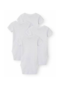 Quatre bodysuits blancs à manches courtes en coton doux. Design uni avec un col ras du cou et des boutons-pression en bas pour un habillage facile.