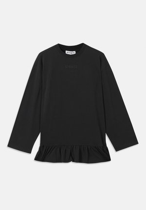 Black long-sleeve top with a round neckline, ruffled hem, and subtle text detail on the front. Made of soft, comfortable material.