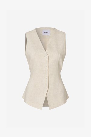 Μπεζ λινό γιλέκο με λαιμόκοψη V, χωρίς μανίκια, με κουμπιά μπροστά και φαρδιά σιλουέτα, διαθέτει διακριτικό υφασμάτινο φινίρισμα.